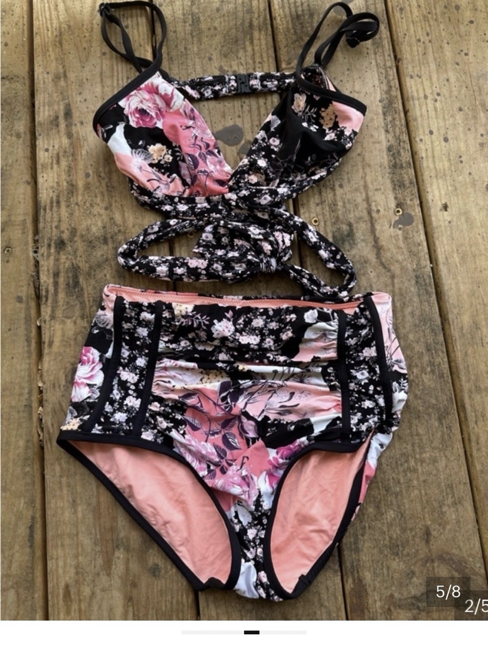 #390| (10)SeafollyFloral High-Waist Bikini Set in Black & Pink - Picture 5 of 8